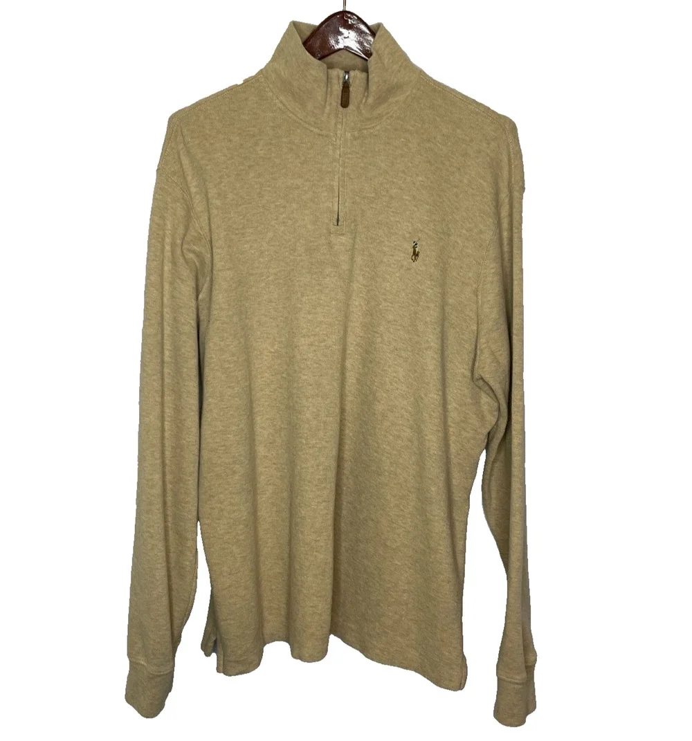 Men's XL Ralph Lauren Estate Rib Beige Cotton Ribbed Quarter Zip Sweater